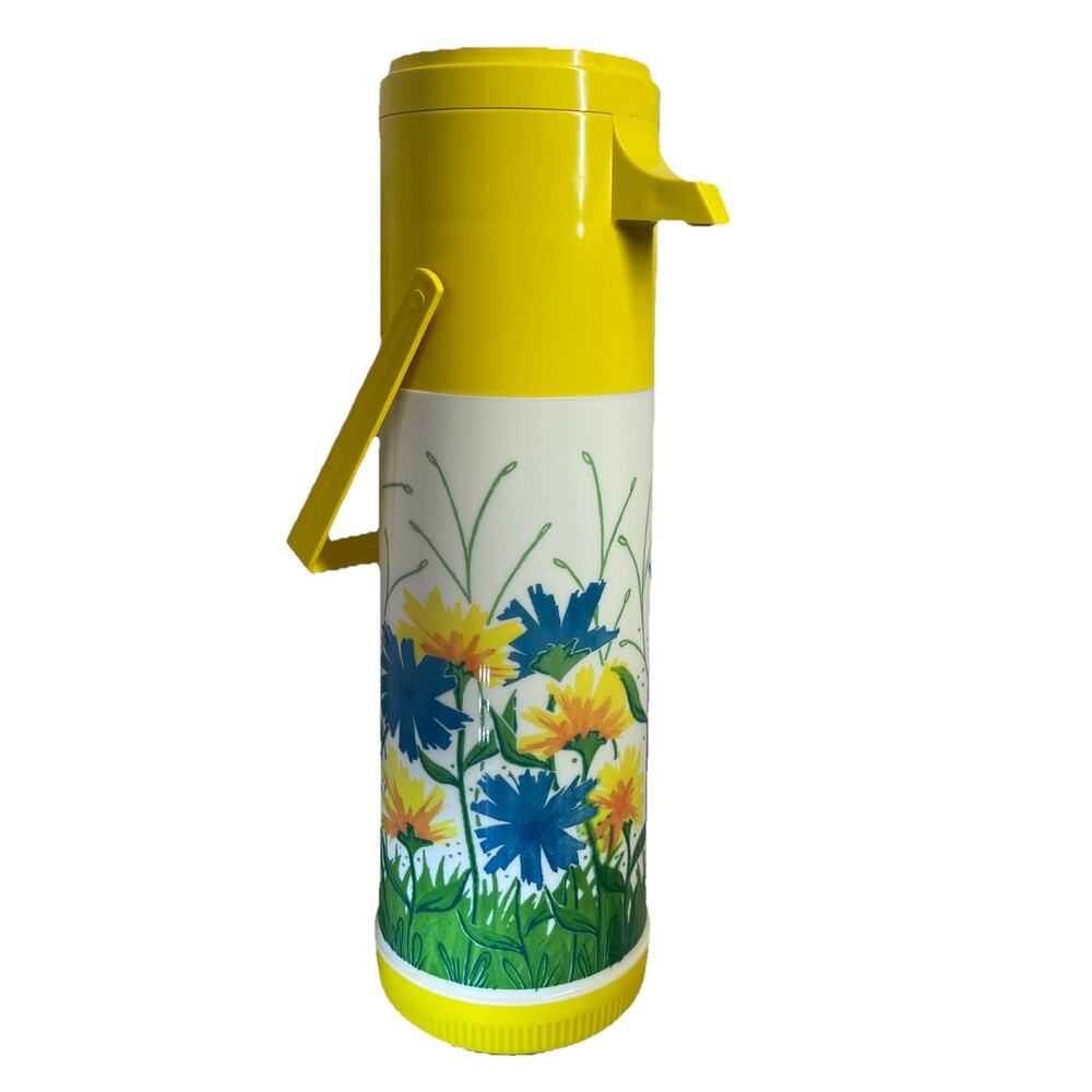 Vtg 70s Aladdin Pump A Drink Dispenser Thermos Shell Yellow Floral CottageCore